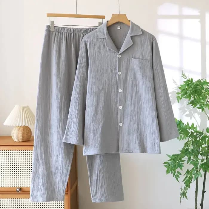 Pyjama fin à manches longues pour hommes, grande taille, vêtements de détente en gaze de coton pur, costume à revers, couleur unie, vêtements de nuit amples, printemps et automne