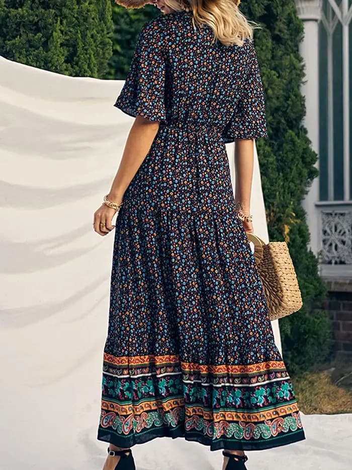 Robe longue décontractée à manches courtes et col en V pour femmes