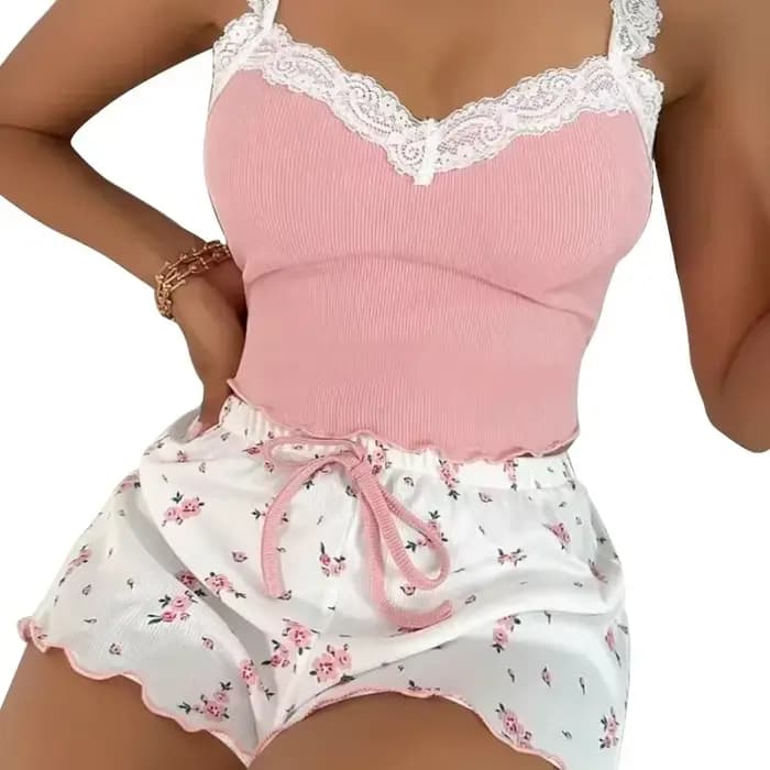 Femmes pyjama ensemble dentelle Patchwork col en v vêtements de nuit Sexy femme nuisettes costume Cami haut imprimé