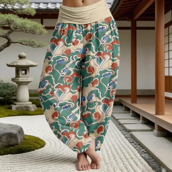 Pantalon Harem Femme Imprimé Nuages Orientaux en Coton Confortable