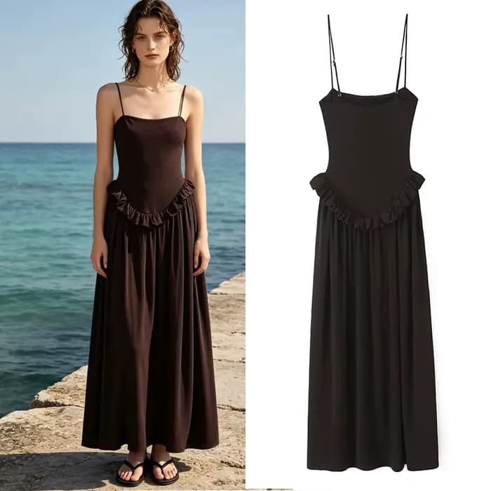 Robe nuisette pour femme - Jupe longue à volants à la taille avec bretelles réglables