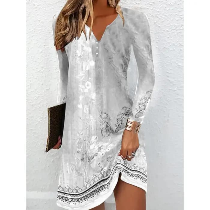 Robe tunique à imprimé floral à manches longues et col en V avec détail boutonné