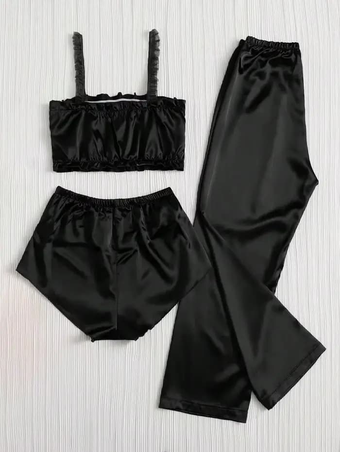 Ensemble pyjama en Satin plissé de couleur noire