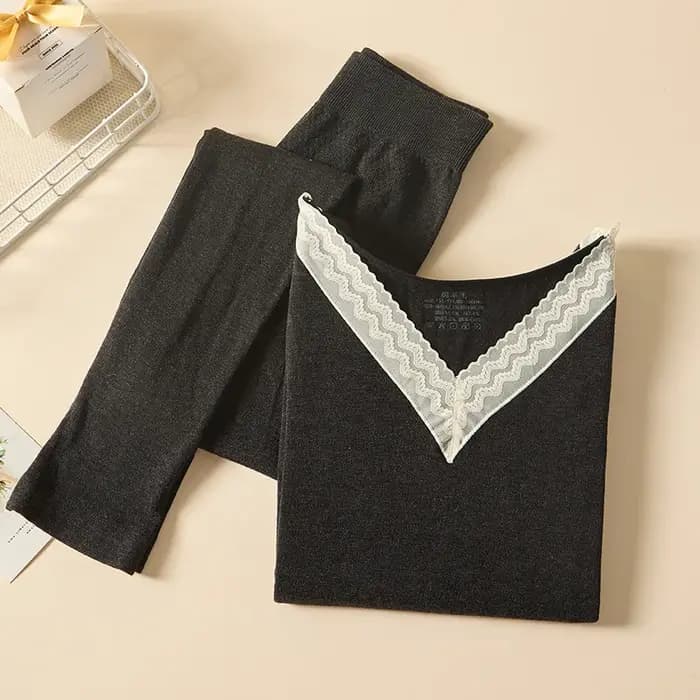 Ensemble de sous-vêtements thermiques Sexy dentelle femme vêtements d'hiver laine coton col en v san