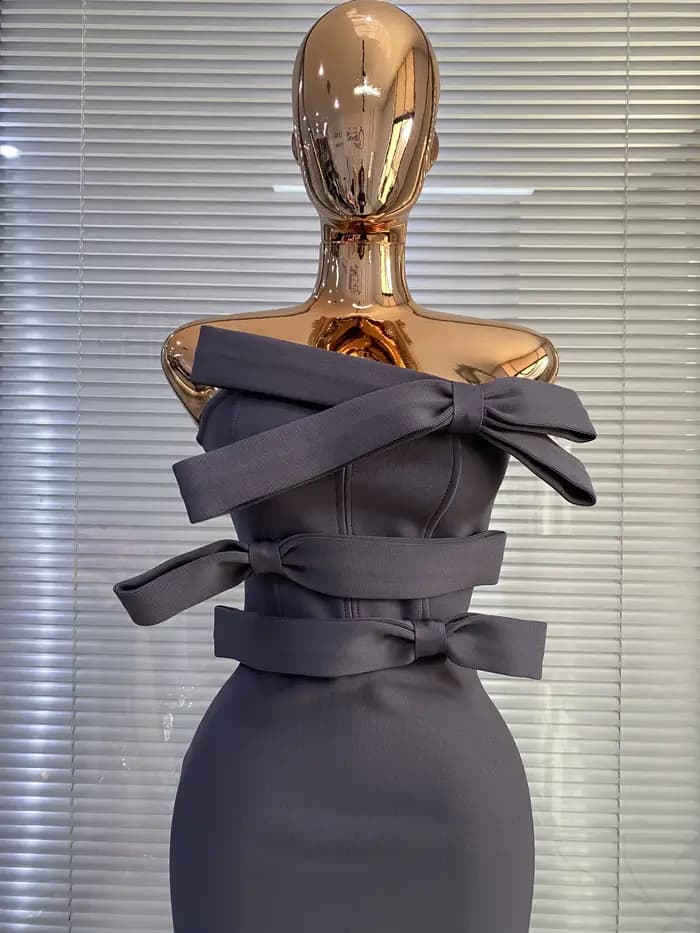 Robes Bandage 2026 Femme Gris Bustier Nœud Papillon Moulante Longue Robe de Soirée Célébrité Club Cocktail Bal de Promo