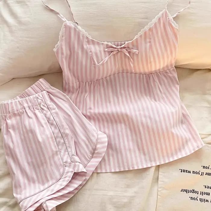 Ensemble pyjama rose rayé avec nœud papillon pour fille, idéal pour l'été, avec bonnets rembourrés e
