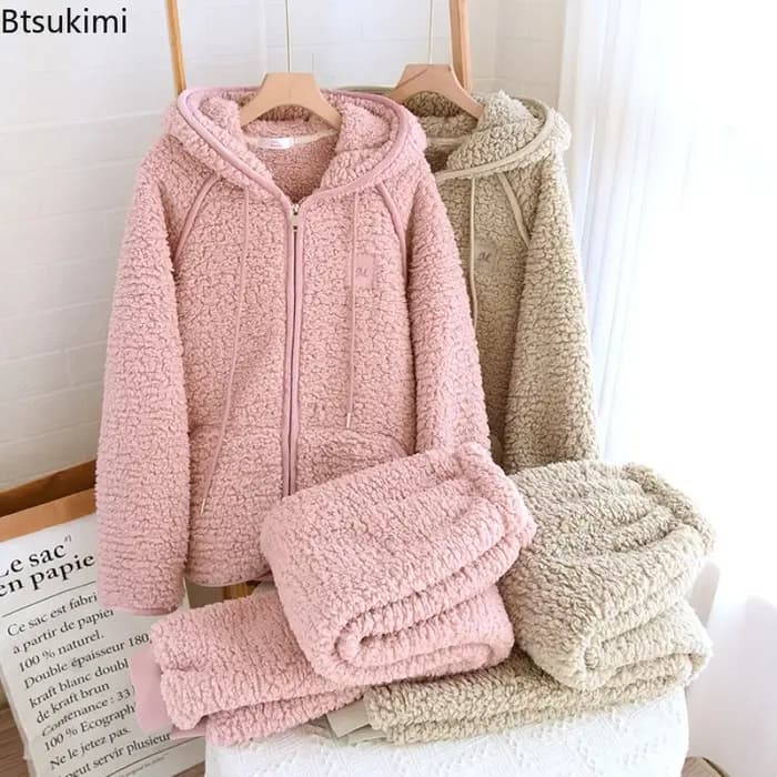 2026 agneau polaire Couple pyjama ensembles doux chaud fermeture éclair hauts à capuche pantalons vêtements de nuit