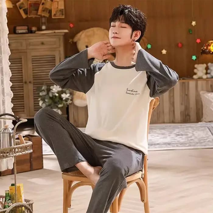Pyjamas en coton hommes à manches longues adolescents grande taille vêtements de nuit Homewear col rond dessin animé