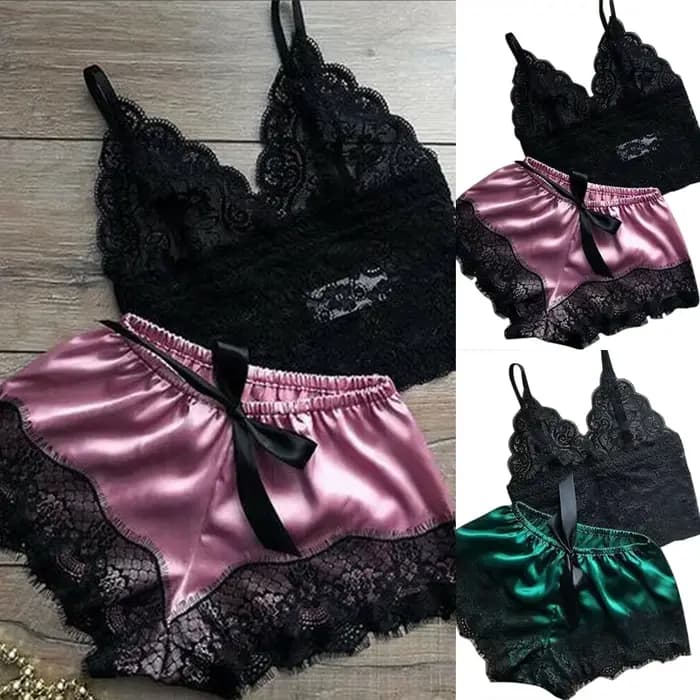 2 pièces femmes déshabillé en dentelle Lingerie hauts ensemble short et haut nuisette pyjamas décontractés vêtements de nuit
