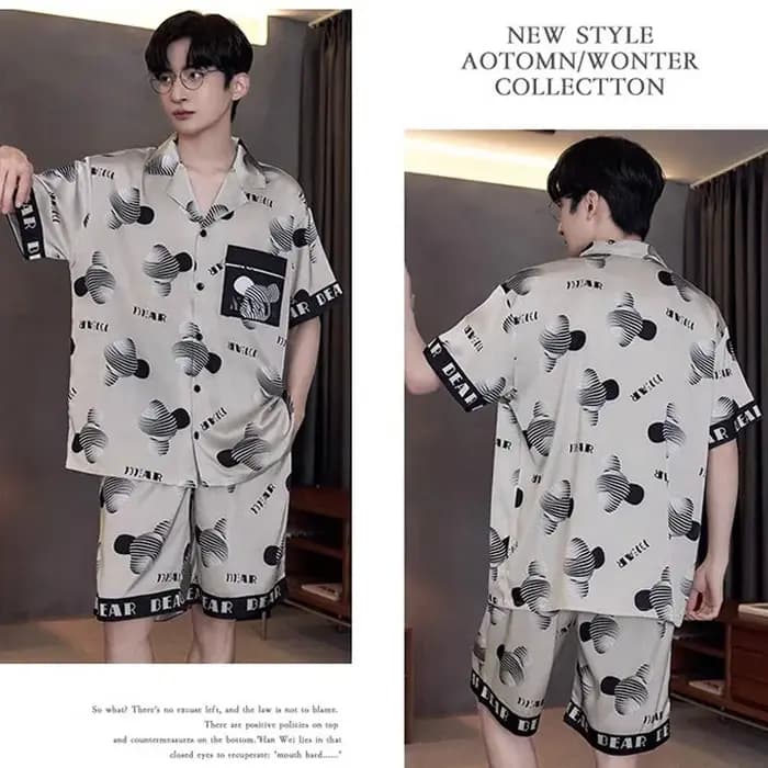 Ensemble pyjama grande taille pour hommes, en soie glacée, ours de dessin animé, manches courtes, Cardigan deux pièces pour étudiant, revers, lettres Smiley, Code 3xl