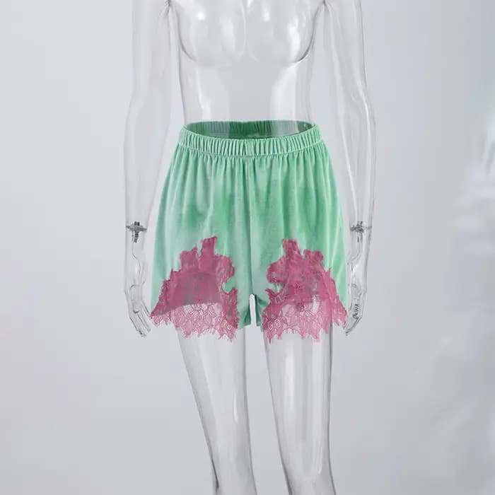 Shorts en velours à empiècements en dentelle pour femme