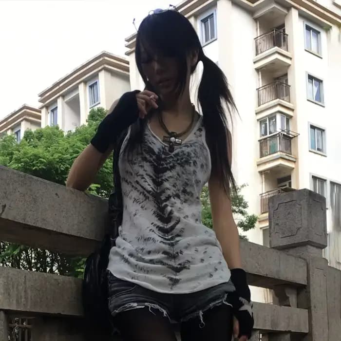 Karrcat Grunge Esthétique Tie Dye Débardeur Trashy 2000s Style Long Débardeur Japonais Y2k Haut Sans