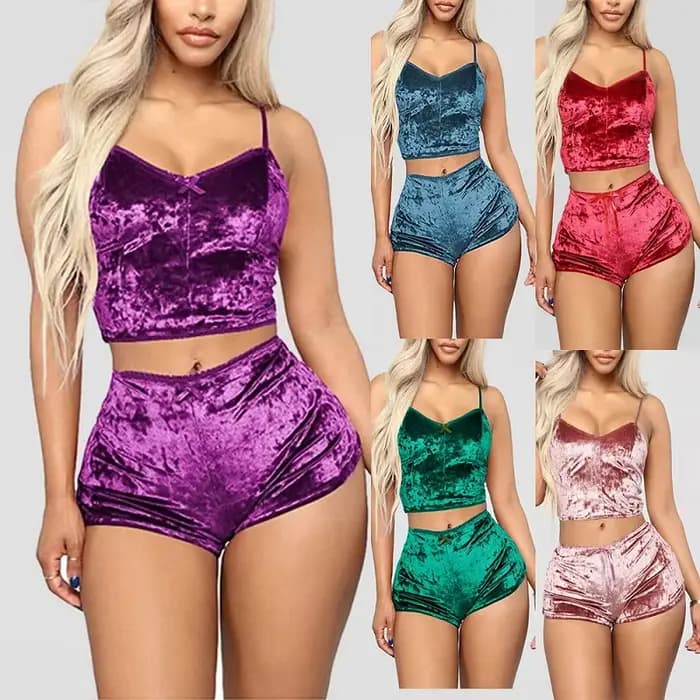 Ensemble de pyjama à bretelles sexy pour femmes, sous-vêtements confortables à col en V, vêtements pour la maison, velours, polyester, fibre, 2 pièces