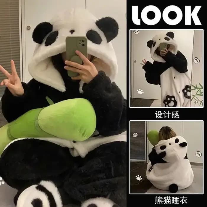 Pyjama Kigurumi Cosplay Costume de fête vêtements de détente dessin animé Panda longue Robe combinaison hiver femmes épaissir corail polaire Homewear