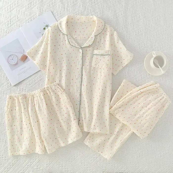 Pyjama trois pièces en pur coton, ensemble printemps et été, crêpe fine, gaze, revers, manches court