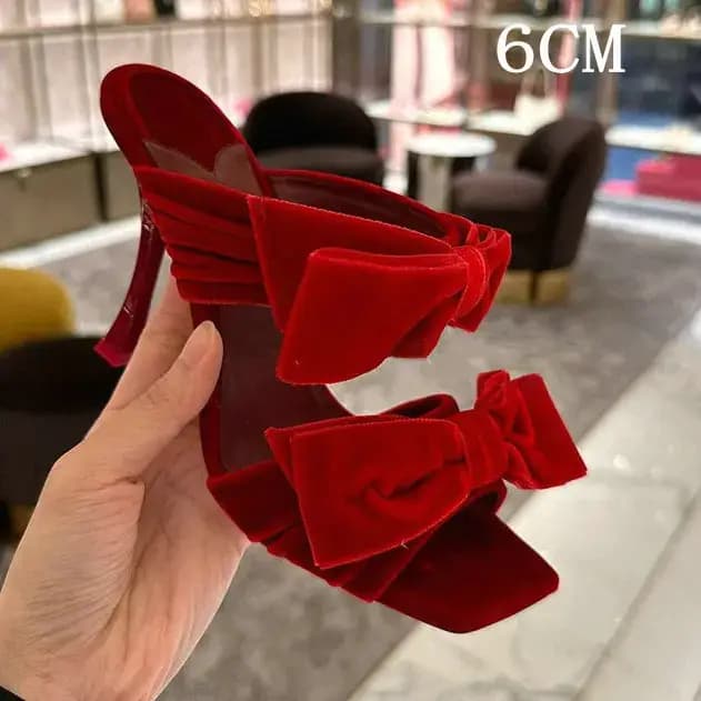 Mules en velours rose avec nœud, nouveau style 2026, mules de soirée à bout carré ouvert, talons aig