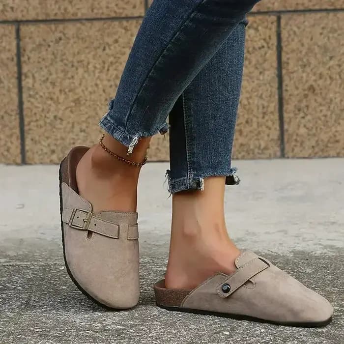 2025Pantoufles à talons compensés en faux daim pour femmes, mules en liège, semelle coordonnante Eve