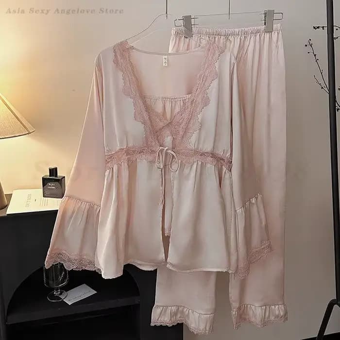 Ensemble de pyjama sexy en dentelle pour femme, cardigan à manches longues, caraco et surintendant, vêtements de nuit, vêtements de nuit décontractés, vêtements pour la maison, printemps, été, nouveau