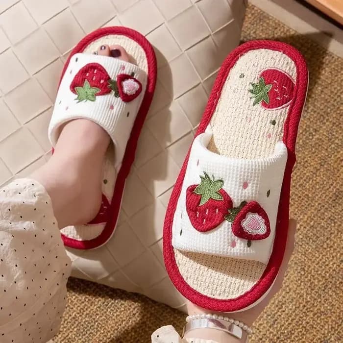 Pantoufles en lin fraise pour filles, sandales de maison silencieuses et antidérapantes à semelle souple avec Support d'arc ergonomique, chaussures d'intérieur confortables