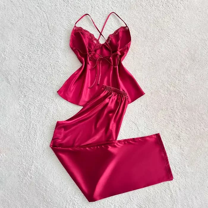 Ensemble deux pièces haut à fines bretelles et pantalon en soie simulée haut de gamme rouge bordeaux
