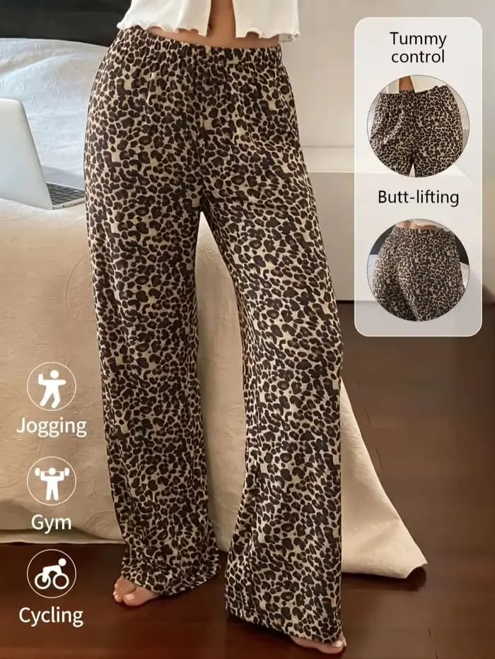 Pantalon de pyjama pour femme motif léopard brun en tricot doux avec taille élastique et élasthanne pour confort maison printemps