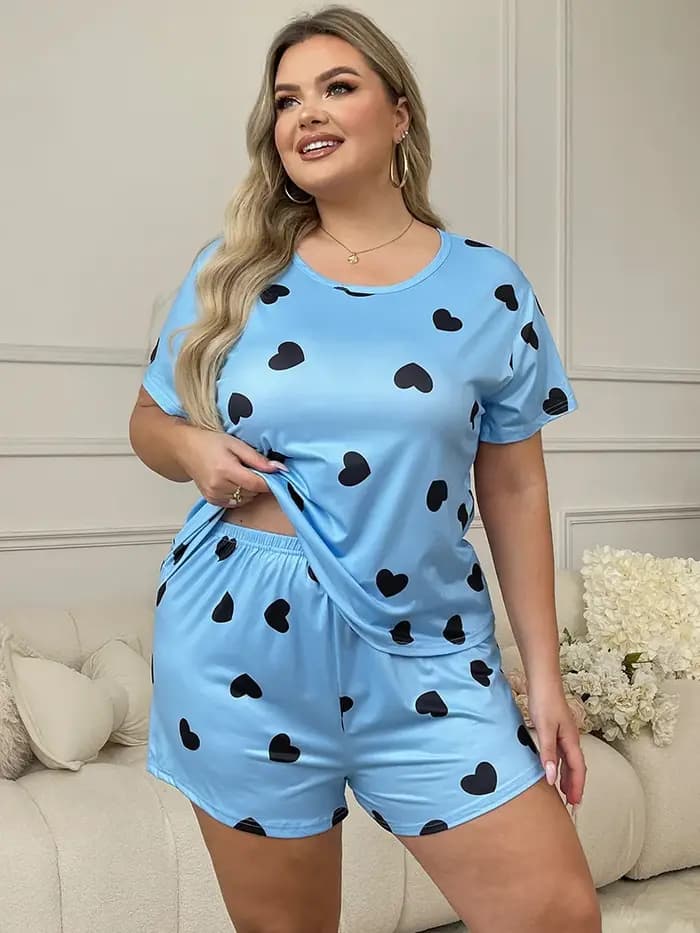 Pyjama grande taille en tissu de lait soyeux, ensembles à manches courtes avec imprimé cœur, vêtemen