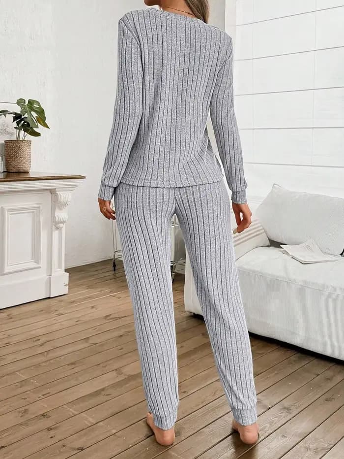 Ensemble pyjama côtelé 2 pièces pour femme - Haut à manches longues et col en V et pantalon de jogging