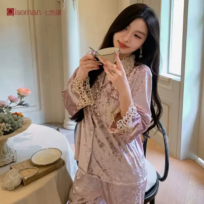 Pyjama en velours pour femme, classique, de luxe, épais, chaud, manches longues, pantalon, ensemble 2 pièces, vêtements de maison, chemise de nuit, automne hiver 2025