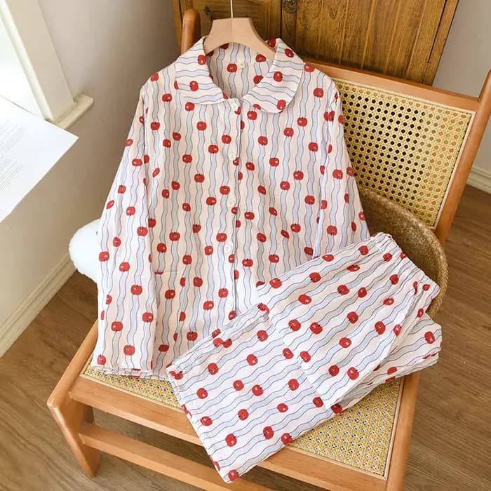 2025 femmes printemps nouveau pyjama ensemble 100% coton crêpe col doux à manches longues deux pièces vêtements de