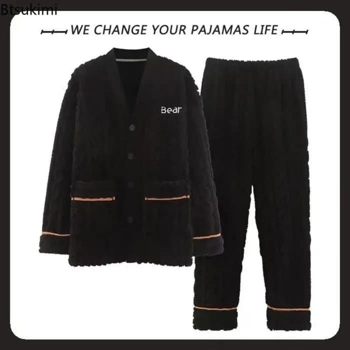 Nouveau automne hiver épais pyjamas ensemble pour hommes coréen Teddy Jacquard col en v bouton vêtements de nuit pour homme Kimono velours pyjama ensembles mâle