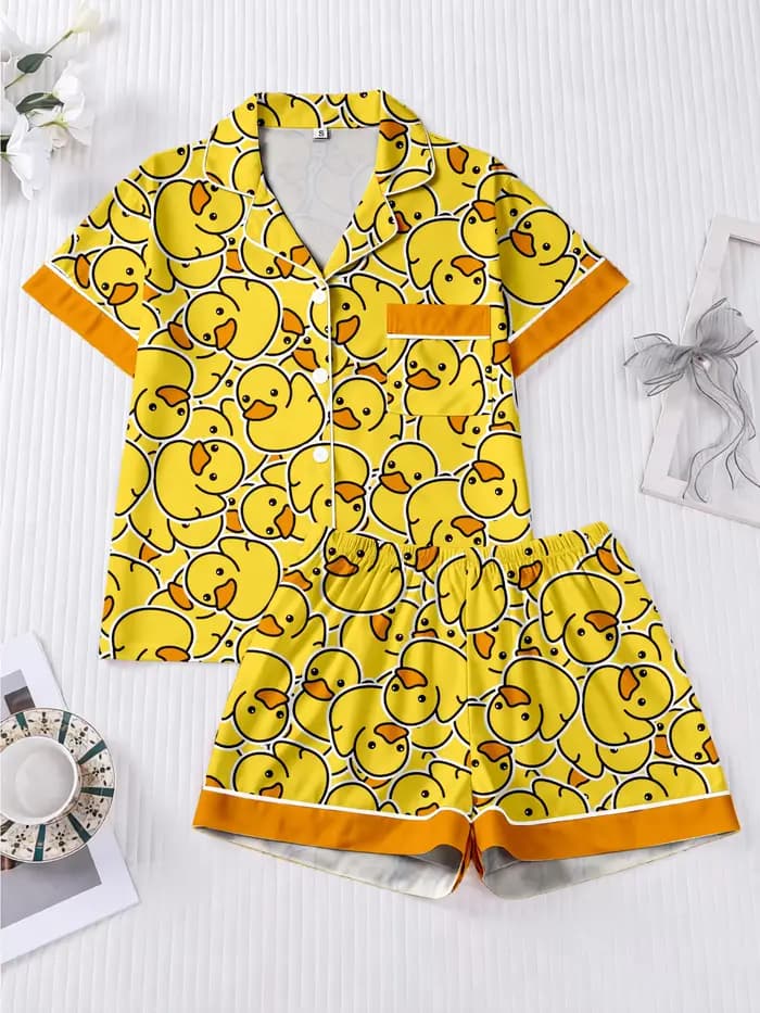 Ensemble pyjama pour femme, ensemble de vêtements de maison à motif imprimé canard, haut à revers co