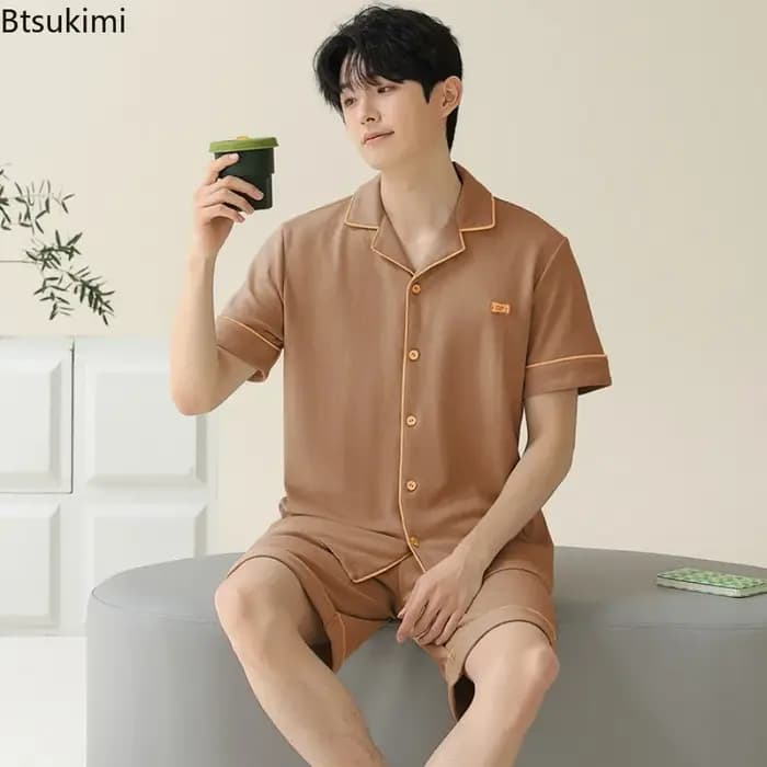 Pyjama pour hommes printemps automne à manches longues revers boutonné Cardigan pantalon deux pièces ample décontracté