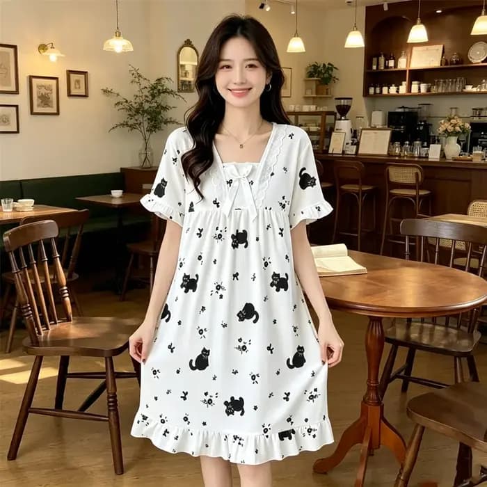 Chemise de nuit pour femme à manches courtes, motif dessin animé, style décontracté et doux, en soie de lait