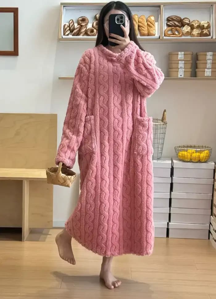 Hiver à manches longues Double poche flanelle chemises de nuit femmes ample solide vêtements