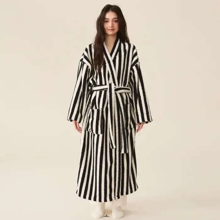 Ensemble de pyjama pantalon et robe de glouton épaissi pour femmes et hommes, velours, rayé, allongé