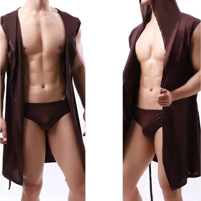 Hommes peignoir à capuche maille soie voir à travers sans manches serviette longue Robe de bain sweats