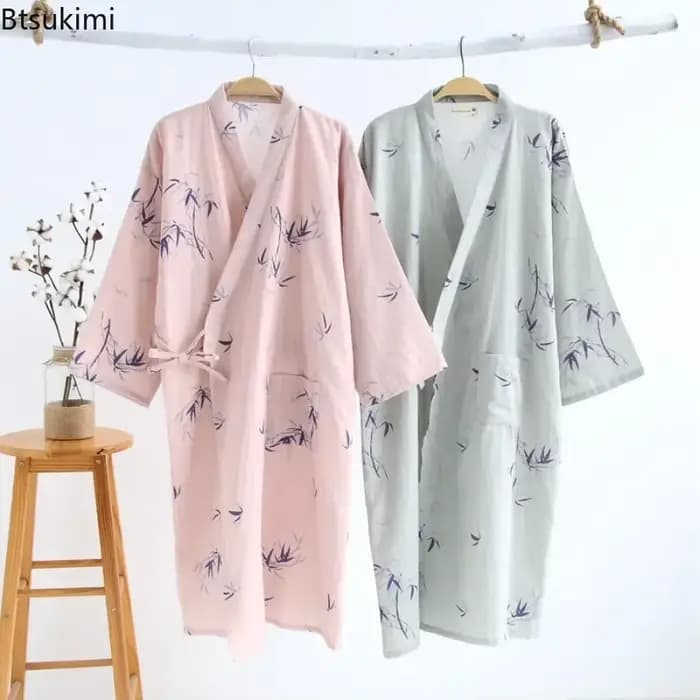 Style japonais Kimono pyjama Robes femmes été mince coton gaze col en v Simple chemise de nuit ample dames salon à lacets peignoir