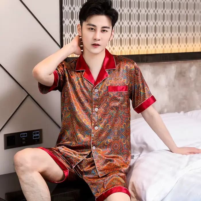 Pyjamas hommes printemps été mince glace soie luxueux coupe ample vêtements de maison costume mâle Satin