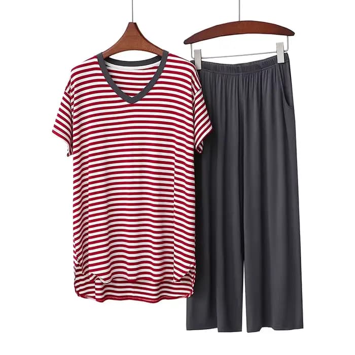 Pyjama Printemps-Été pour Femme, Nouveau Pijama Mujer en Modal à Rayures, Chemise Col V et Pantalon