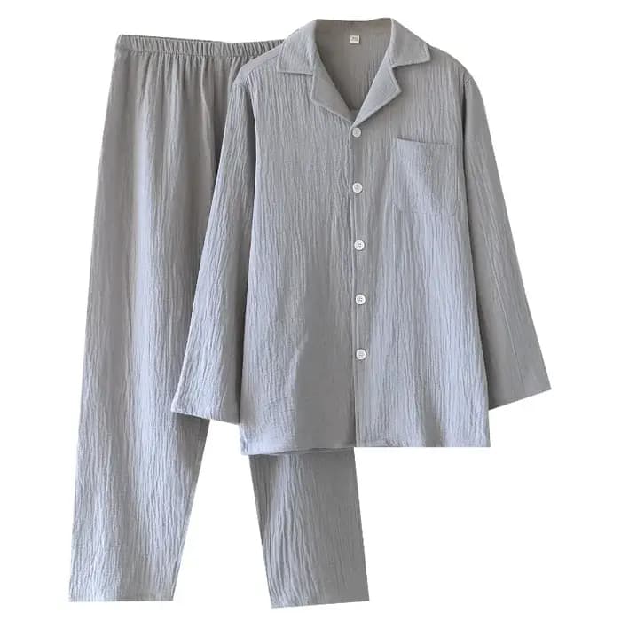 Pyjama fin à manches longues pour hommes, grande taille, vêtements de détente en gaze de coton pur, costume à revers, couleur unie, vêtements de nuit amples, printemps et automne