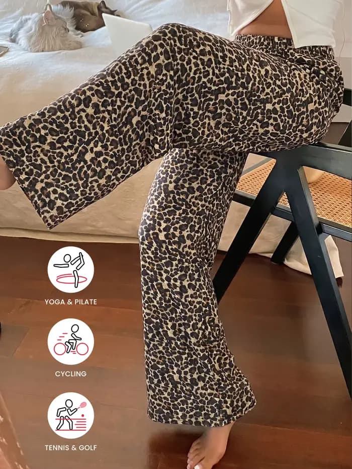 Pantalon de pyjama pour femme motif léopard brun en tricot doux avec taille élastique et élasthanne pour confort maison printemps