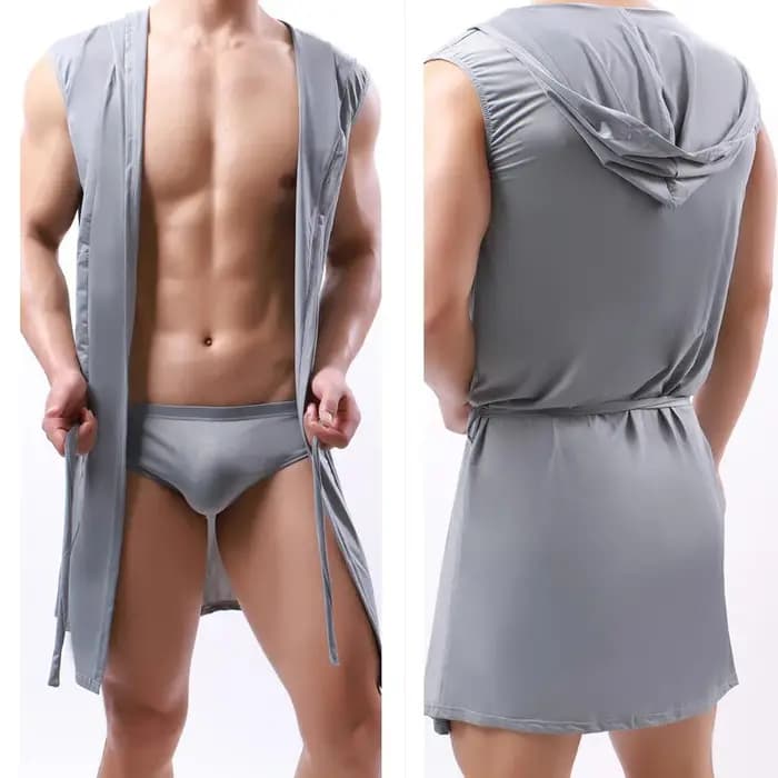 Hommes peignoir à capuche maille soie voir à travers sans manches serviette longue Robe de bain sweats
