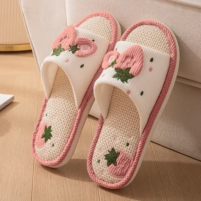 Pantoufles d'intérieur en lin à motif fraise pour femmes et filles, à bout ouvert, de créateur, d'ét