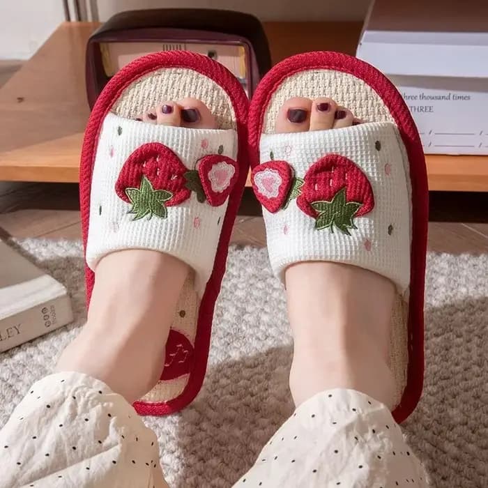 Pantoufles en lin fraise pour filles, sandales de maison silencieuses et antidérapantes à semelle souple avec Support d'arc ergonomique, chaussures d'intérieur confortables
