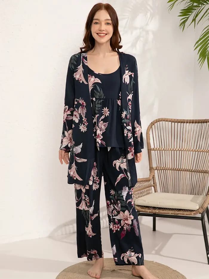 Ensemble pyjama 100% Viscose pour femmes, 3 pièces, vêtements de nuit amples pour la maison, imprimés, grande taille S-3XL