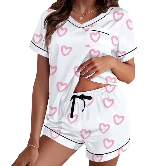 Léon's Day-Pyjama en satin imprimé cœur pour femme