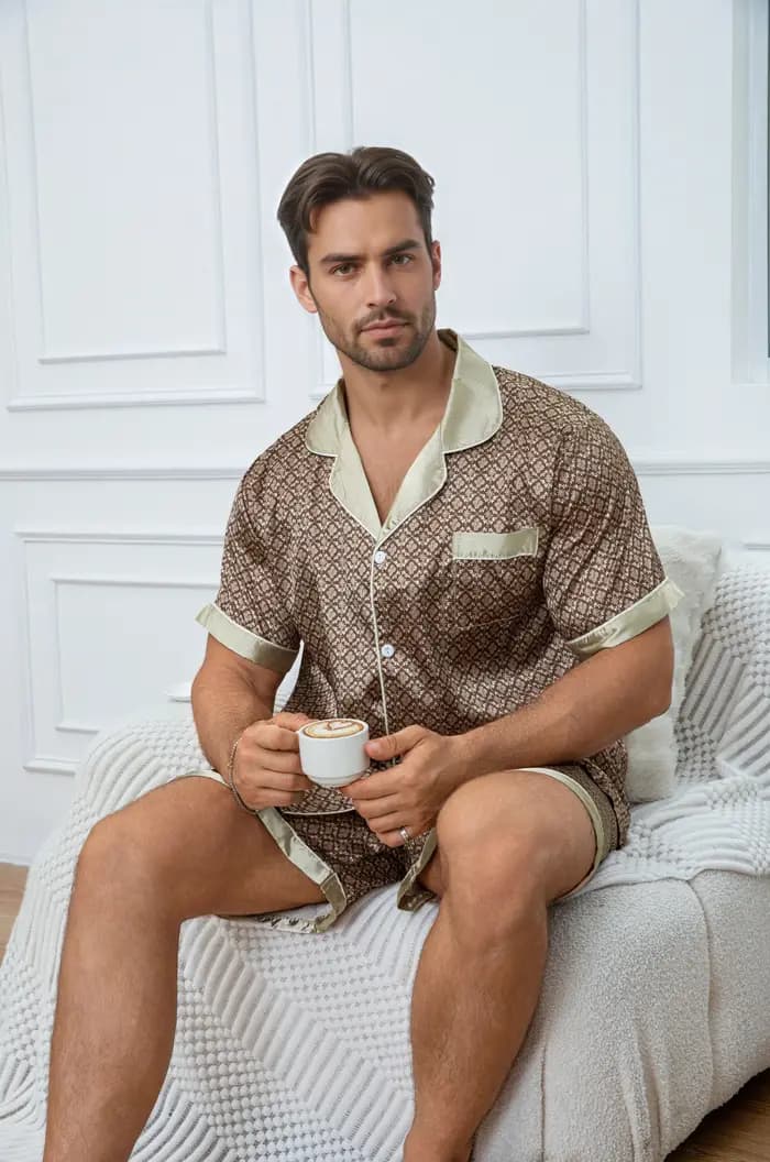 Ensemble de pyjama en satin à imprimé vintage pour homme