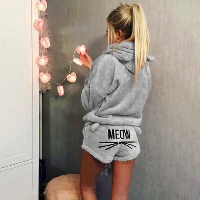 Ensemble de pyjama en velours chaud pour femmes, sweats à capuche et shorts, vêtements de nuit mignons, motif chat miaou, lieux, automne, hiver, 2 pièces pyjama pour femme ensembles pyjama vetements f