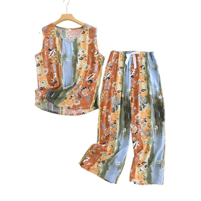 Ensemble pyjama 2 pièces en coton et Viscose pour femmes, haut fin sans manche avec pantalon court, vêtements de maison amples et lisses, été