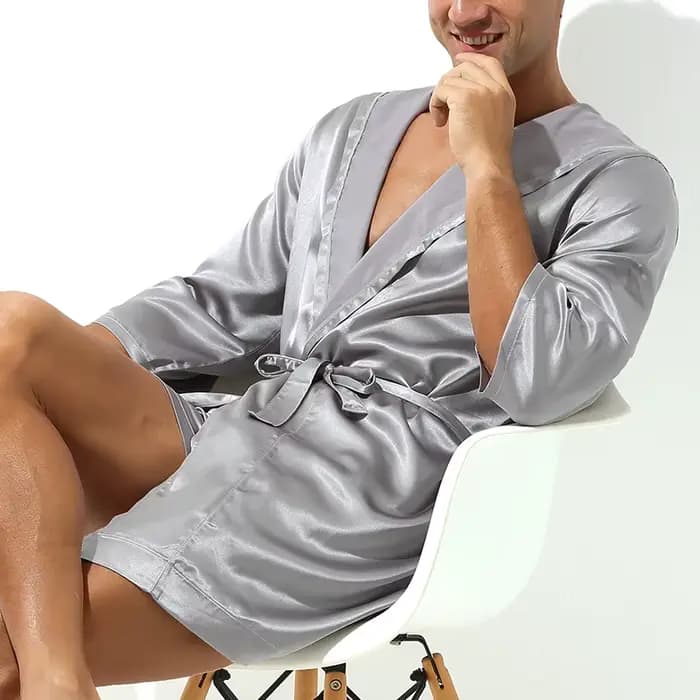 Vente chaude hommes été peignoir mâle soie à manches courtes Robe de bain Sexy